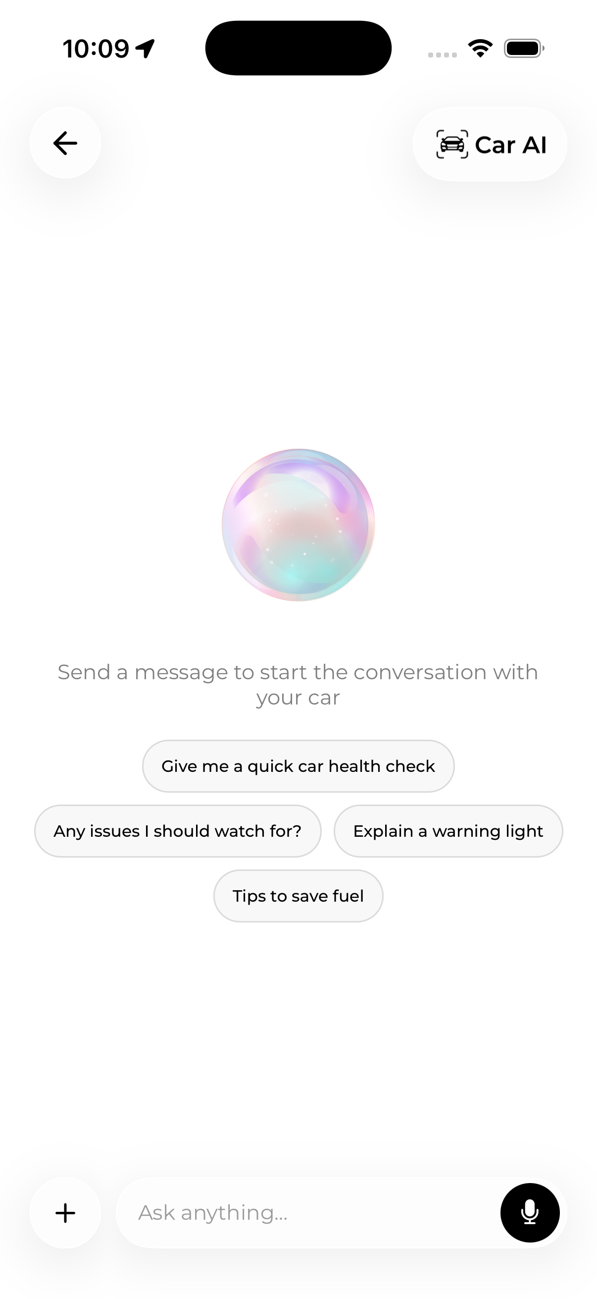 Conversation Car AI avec suggestions de questions et champ de saisie