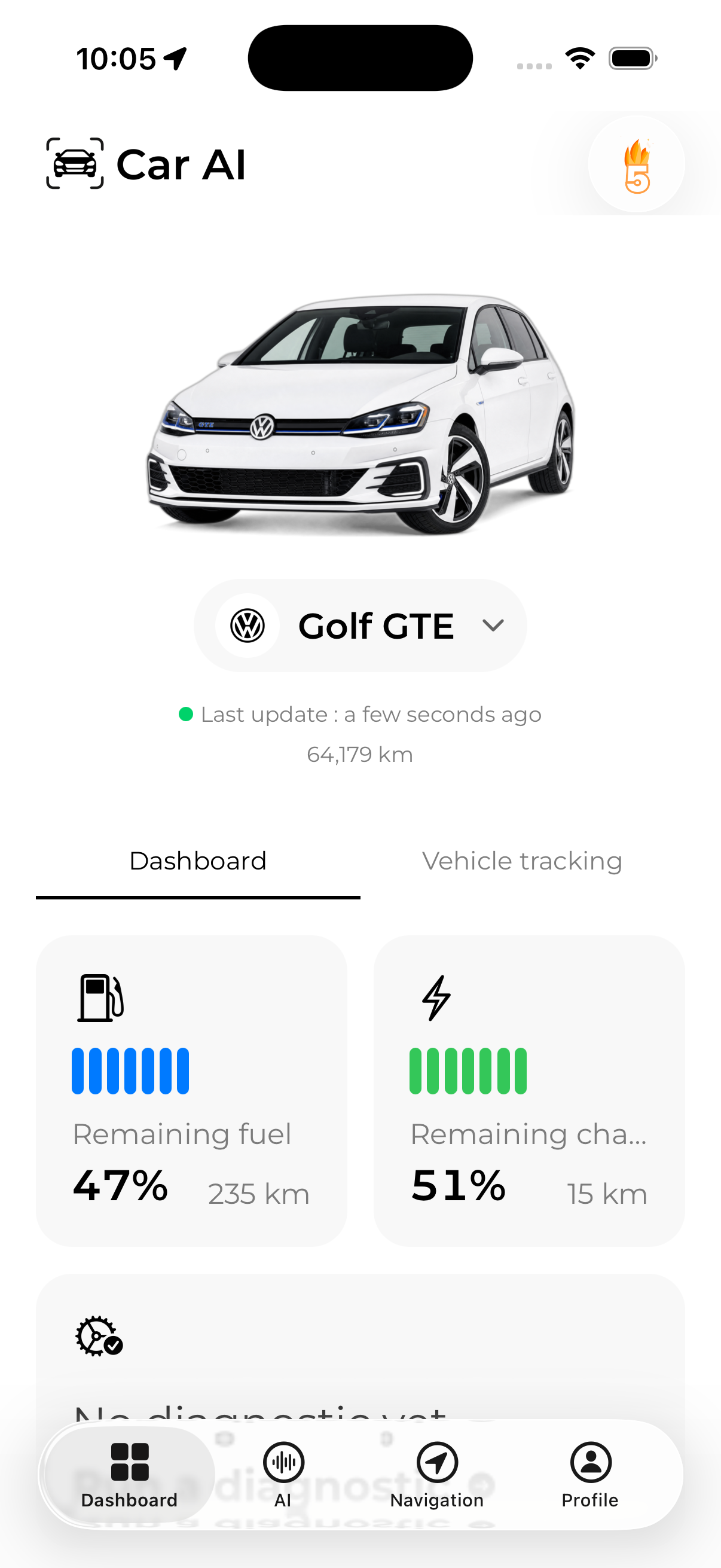 Tableau de bord Car AI avec une Golf GTE, la dernière mise à jour et les cartes de carburant et de charge