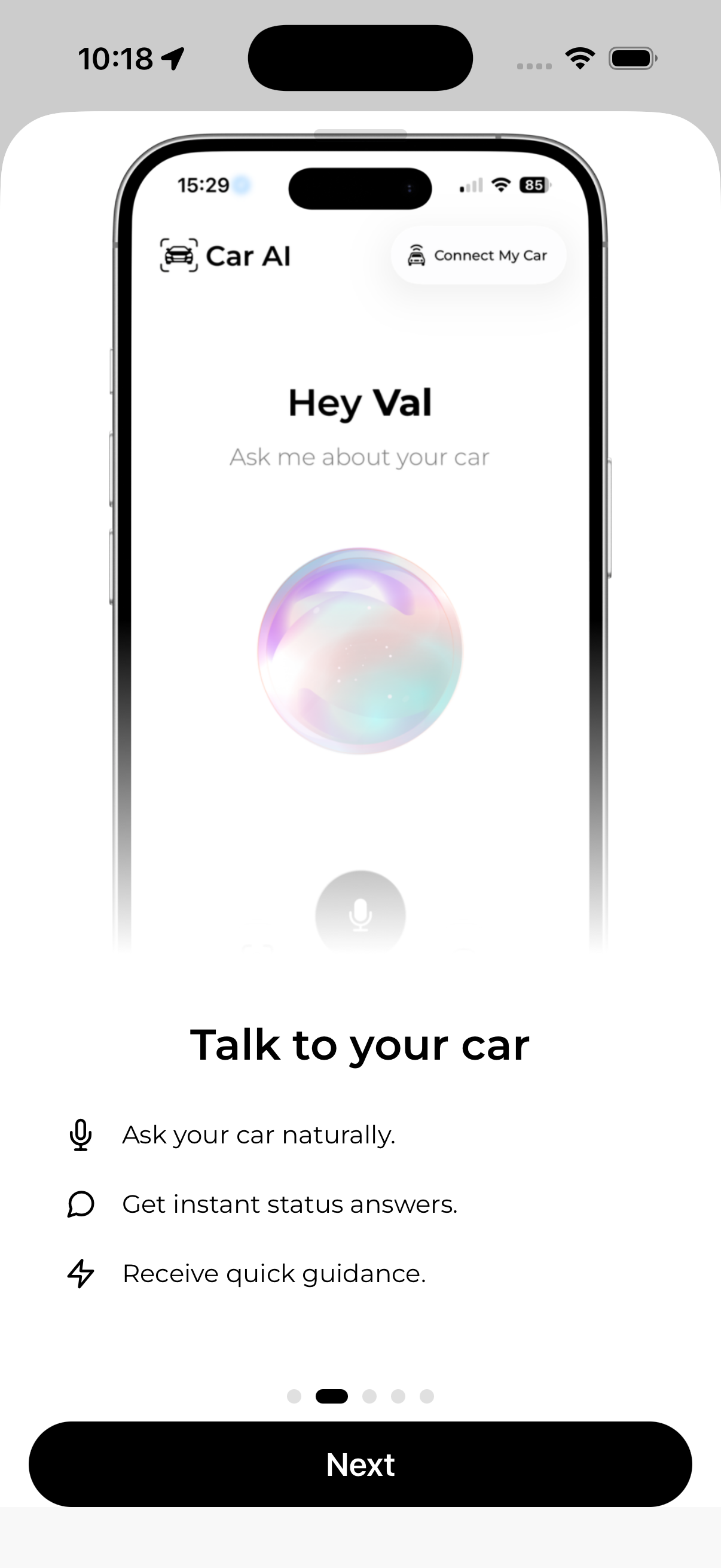Onboarding Car AI présentant la conversation avec la voiture à travers un aperçu de l’application