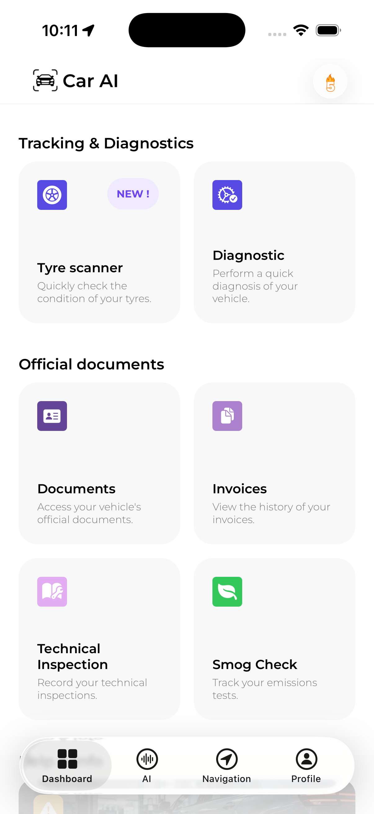 Espace de suivi Car AI avec accès aux pneus, au diagnostic, aux documents, aux factures et aux contrôles