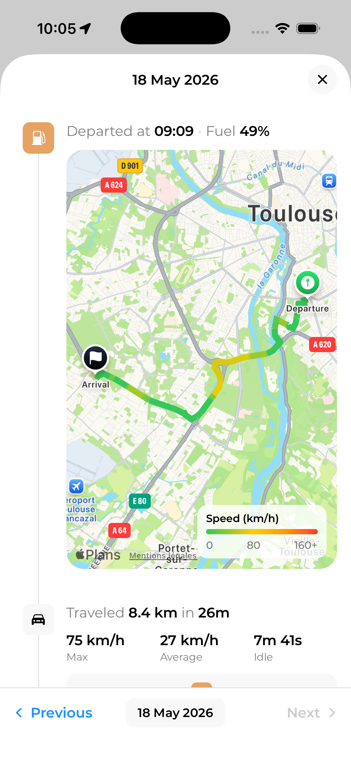 Détail d’un trajet Car AI avec carte, date, distance, durée et statistiques