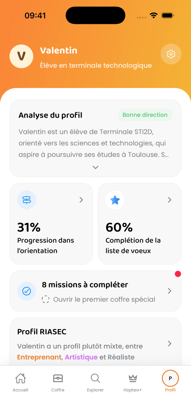 Profil Hopteo présentant la progression, la liste de vœux et les missions restantes