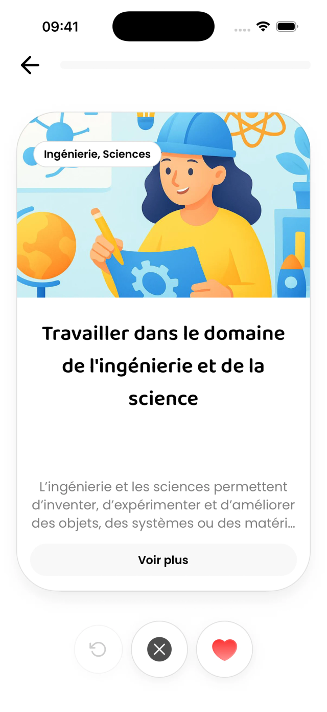 Carte Hopteo sur l’ingénierie et les sciences, avec détail et actions de swipe