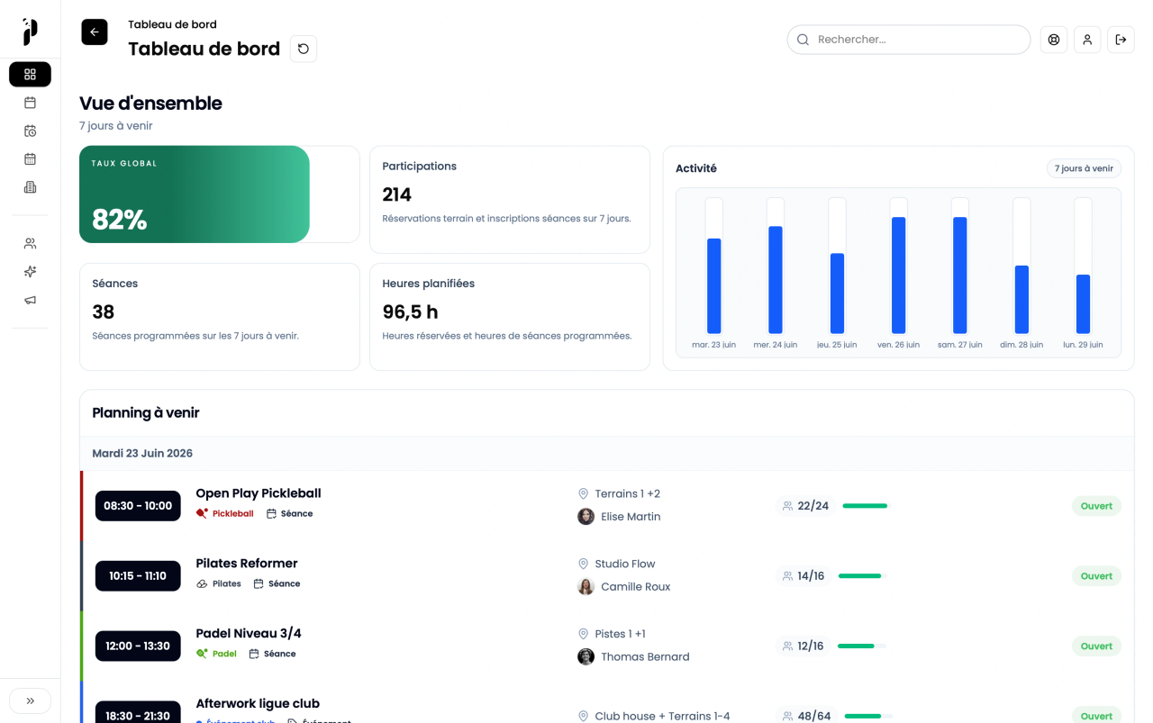 Tableau de bord Pandook Manager avec activité du club et planning à venir