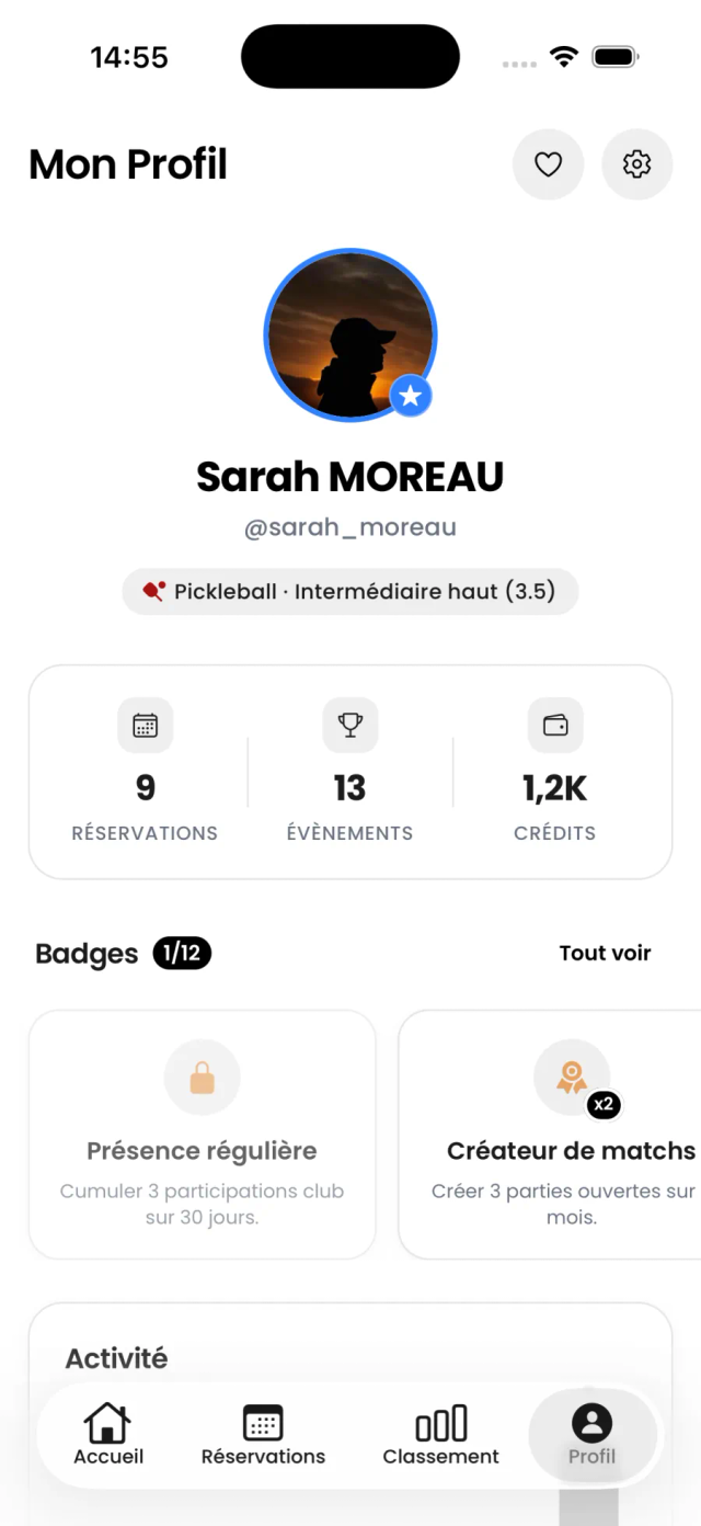 Profil membre Pandook : réservations, événements, crédits et badges