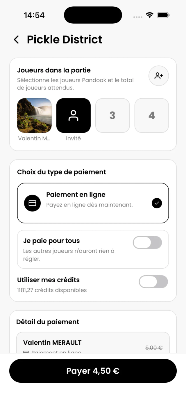 Paiement partagé Pandook : participants, mode de paiement et utilisation des crédits