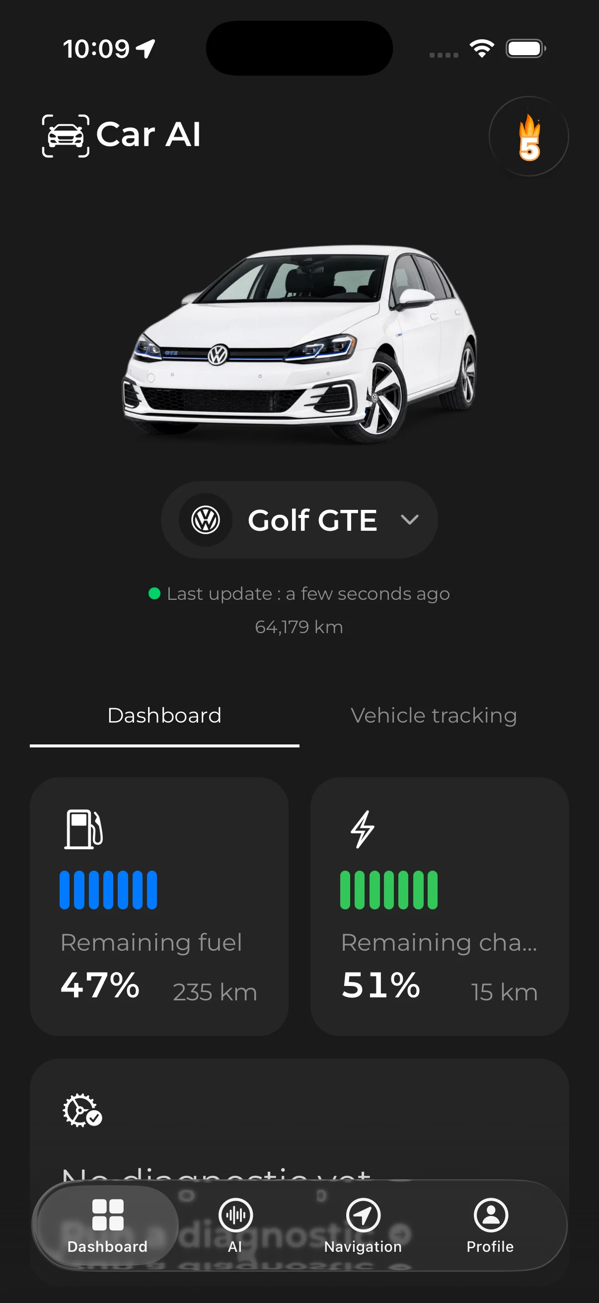 Car AI - tableau de bord du véhicule et niveaux de carburant et de batterie